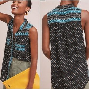 Anthropologie Black and Blue Patterned Blouse